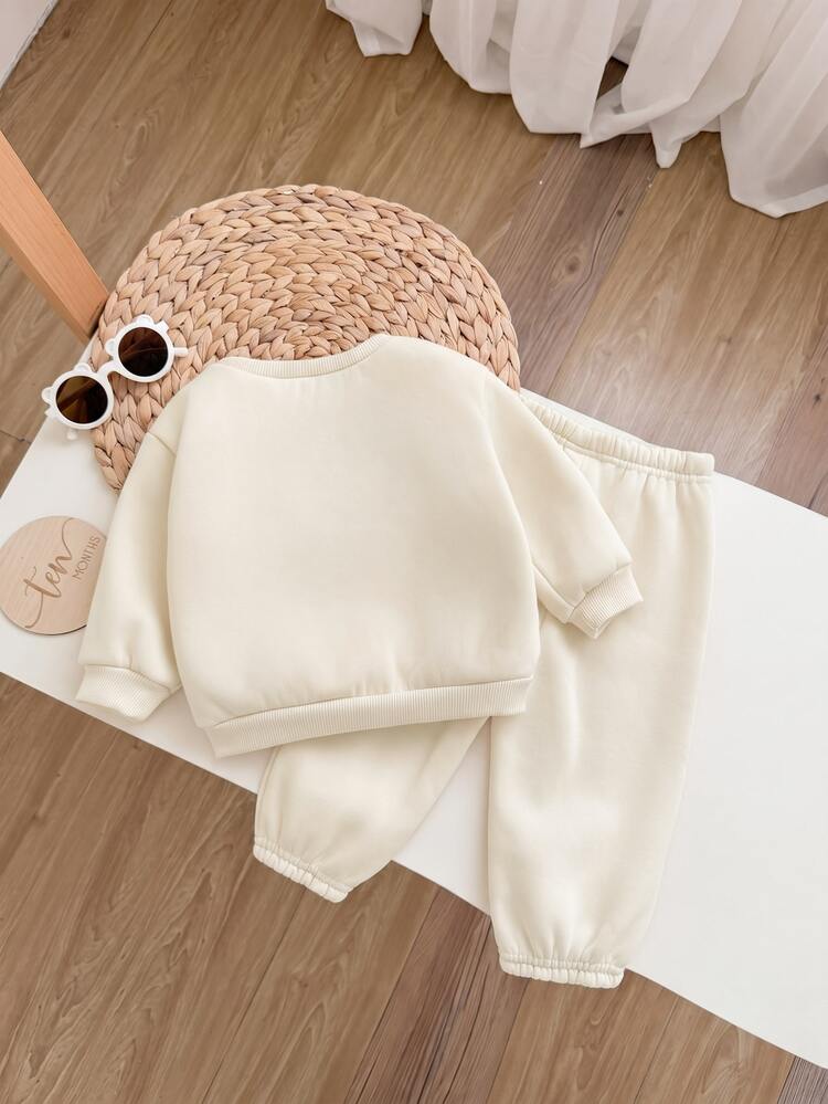 SHEIN Babygirl Knit Autumn/Winter Letter Pattern Long Sleeve Sweatshirt & Elastic Waist Long Pants 2pcs - Beige - View 2