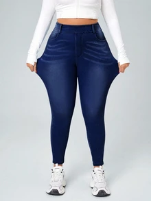 Flexra Plus Size Women's Casual Elastic Waist Slim Fit Jeans - Dark Wash - View 7