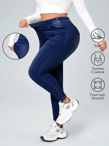 Flexra Plus Size Women's Casual Elastic Waist Slim Fit Jeans - Dark Wash - View 3