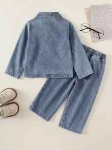 SHEIN 2件組男孩休閒牛仔夾克襯衫與牛仔長褲套裝，牛仔套裝，男孩襯衫套裝，適合夏季、秋季、冬季 - 彩色 - 查看 7