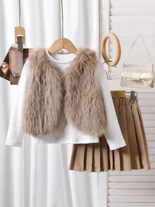 SHEIN طقم 3 قطع للبنات الصغيرات، سترة فرو + ملابس علوية بأكمام طويلة مضلع & تنورة مطوية، طقم متناسق بأسلوب بريبي للمدرسة والخروج اليومي - قهوة بني - مشاهدة 4