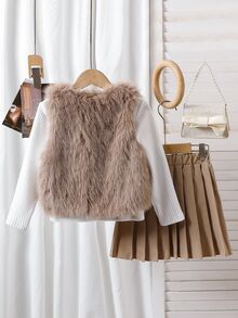 SHEIN طقم 3 قطع للبنات الصغيرات، سترة فرو + ملابس علوية بأكمام طويلة مضلع & تنورة مطوية، طقم متناسق بأسلوب بريبي للمدرسة والخروج اليومي - قهوة بني - مشاهدة 3