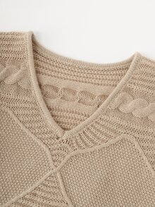 SHEIN New Women's V-Neck Pullover Sweater For Fall & Winter. Crafted With Three-Dimensional Patterns And Relaxed Drop Shoulders, This Khaki Knit Top Is Versatile - Camel - View 8