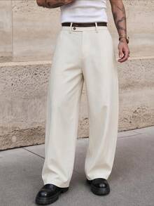 HIMLAND Men's Solid Color Wide Leg Loose Casual Commute Suit Pants - Beige - View 7