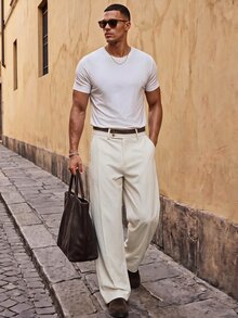 HIMLAND Men's Solid Color Wide Leg Loose Casual Commute Suit Pants - Beige - View 5