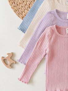 SHEIN 4pcs Baby Girl Casual Cute Knit Solid Color Long Sleeve Tops - Multicolor - View 4
