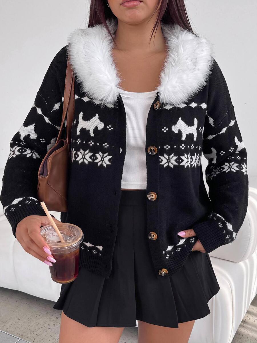 Comfortcana Plus Size Women's Plush Patchwork Casual Versatile Cardigan Christmas - Multicolor - View 1
