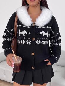 Comfortcana Plus Size Women's Plush Patchwork Casual Versatile Cardigan Christmas - Multicolor - View 4