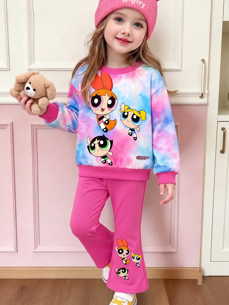 THE POWERPUFF GIRLS X SHEIN Bộ áo nỉ cổ tròn in họa tiết hoạt hình và quần ống loe cho bé gái - Màu Hồng Tươi - Xem 1