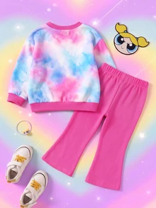 THE POWERPUFF GIRLS X SHEIN Young Girl Cartoon Print Crew Neck Sweatshirt And Flare Pants Set - Hot Pink - View 2
