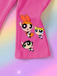 THE POWERPUFF GIRLS X SHEIN Young Girl Cartoon Print Crew Neck Sweatshirt And Flare Pants Set - Hot Pink - View 5