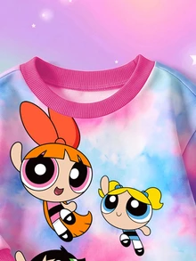THE POWERPUFF GIRLS X SHEIN Young Girl Cartoon Print Crew Neck Sweatshirt And Flare Pants Set - Hot Pink - View 6