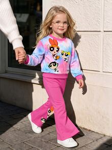 THE POWERPUFF GIRLS X SHEIN Young Girl Cartoon Print Crew Neck Sweatshirt And Flare Pants Set - Hot Pink - View 4