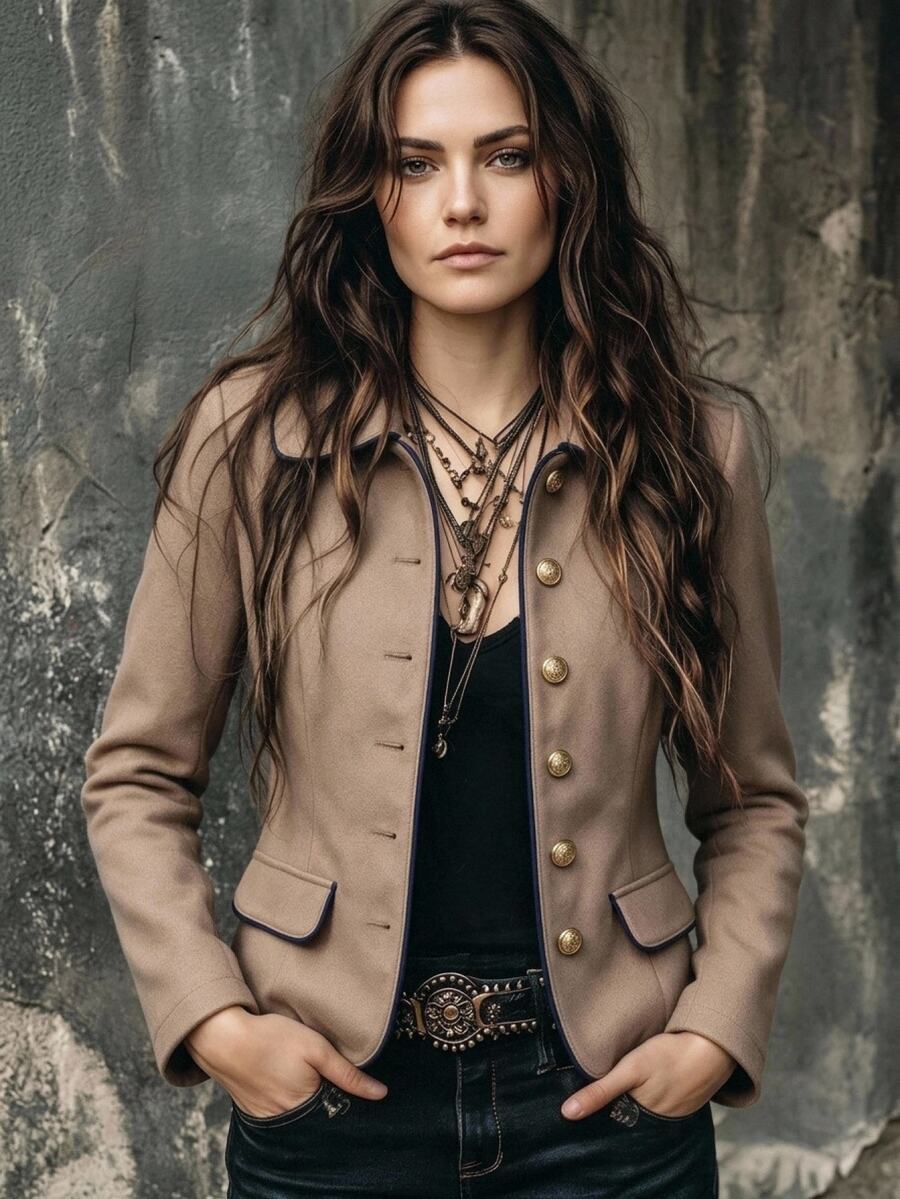 Omancia 優雅休閒深藍色鈕扣飾邊女款大衣 辦公室秋季款 - 棕色 - 查看 1
