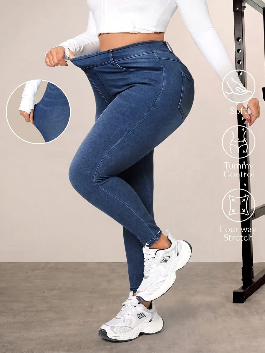 Flexra Plus Size Women Casual Decent Everyday Wear Jeans With Pockets Formal Fashion Week Navy Blue Summer - Dark Wash - View 1