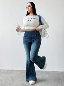 Flexra 大码女式时尚休闲水洗针织喇叭裤 - 霧霾藍 - 查看 8