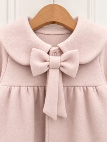SHEIN Girls Pink Bow Overcoat, Peter Pan Collar With Fur Trim Cuffs, Mid-Length Winter Overcoat, Autumn/Winter - Dusty Pink - View 5
