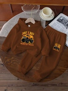 Boys' Brown Hooded Sweatshirt And Sweatpants Two-Piece Set With Flame Truck Print, Casual Sporty Preppy Style, Suitable For Autumn Wear For Ages 4-7. - Brown - View 7