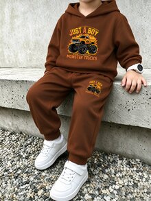Boys' Brown Hooded Sweatshirt And Sweatpants Two-Piece Set With Flame Truck Print, Casual Sporty Preppy Style, Suitable For Autumn Wear For Ages 4-7. - Brown - View 2