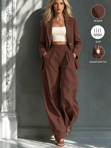 Breezaya Women's Solid Color Notch Lapel Long Sleeve Jacket And Pants Suit Set - Brown - View 5