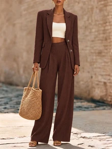 Breezaya Women's Solid Color Notch Lapel Long Sleeve Jacket And Pants Suit Set - Brown - View 3