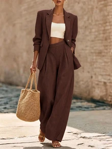 Breezaya Women's Solid Color Notch Lapel Long Sleeve Jacket And Pants Suit Set - Brown - View 1