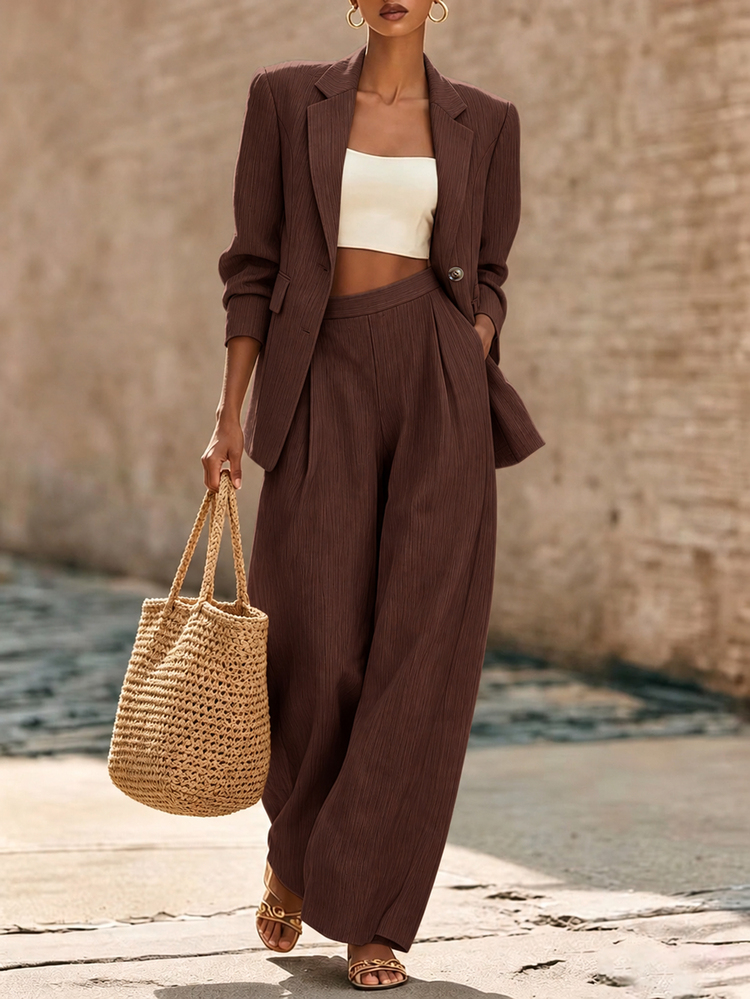 Breezaya Women's Solid Color Notch Lapel Long Sleeve Jacket And Pants Suit Set - Brown - View 1
