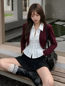 K-Vae Solid Open Front Crop Jacket In Fall/Winter - Burgundy - View 5