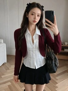 K-Vae Solid Open Front Crop Jacket In Fall/Winter - Burgundy - View 6