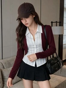 K-Vae Solid Open Front Crop Jacket In Fall/Winter - Burgundy - View 4