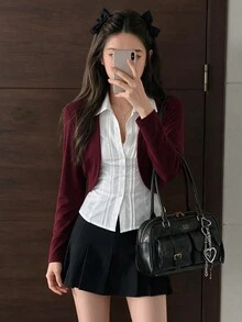 K-Vae Solid Open Front Crop Jacket In Fall/Winter - Burgundy - View 7