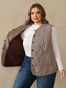 SHEIN CURVE+ Women's Plus Size Frill Trim Diamond Pattern Button Vest Padded Coat - Multicolor - View 8