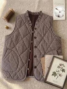SHEIN CURVE+ Women's Plus Size Frill Trim Diamond Pattern Button Vest Padded Coat - Multicolor - View 1