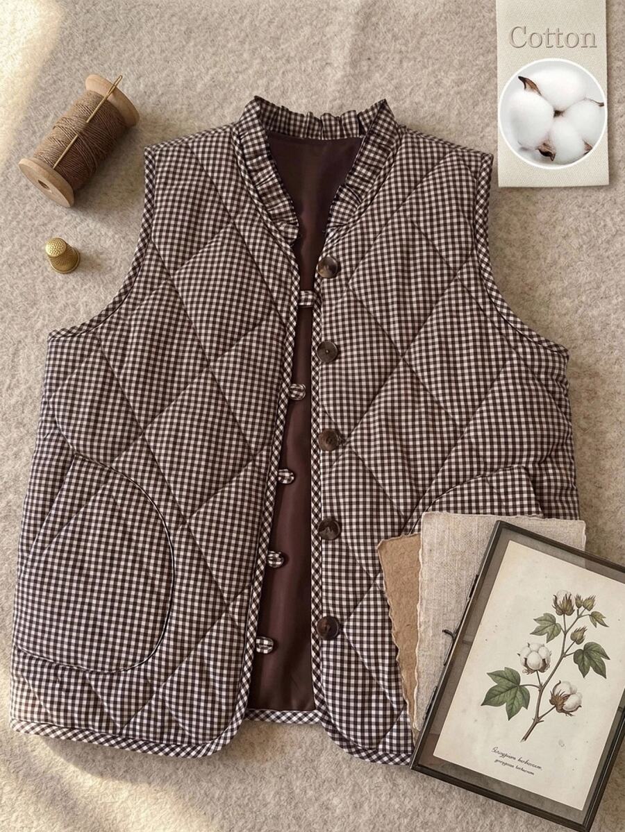 SHEIN CURVE+ Women's Plus Size Frill Trim Diamond Pattern Button Vest Padded Coat - Multicolor - View 1