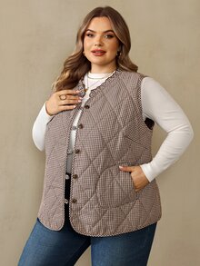 SHEIN CURVE+ Women's Plus Size Frill Trim Diamond Pattern Button Vest Padded Coat - Multicolor - View 3