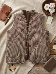 SHEIN CURVE+ Women's Plus Size Frill Trim Diamond Pattern Button Vest Padded Coat - Multicolor - View 6