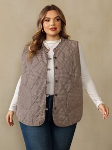 SHEIN CURVE+ Women's Plus Size Frill Trim Diamond Pattern Button Vest Padded Coat - Multicolor - View 4