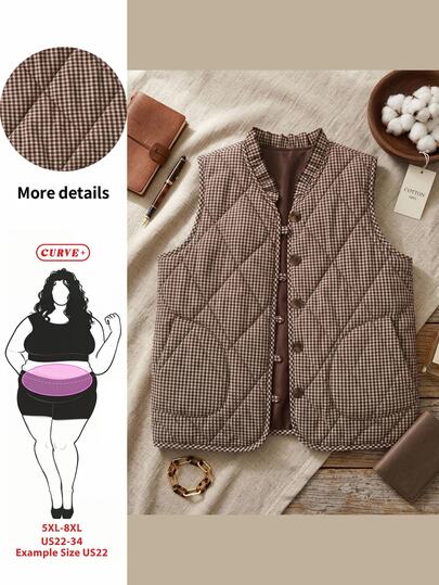 SHEIN CURVE+ Women's Plus Size Frill Trim Diamond Pattern Button Vest Padded Coat
