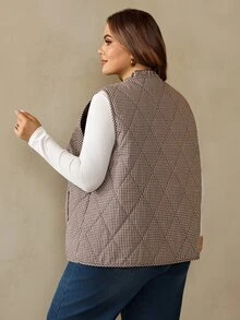 SHEIN CURVE+ Women's Plus Size Frill Trim Diamond Pattern Button Vest Padded Coat - Multicolor - View 2