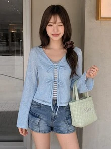 K-Vae 女士休闲优雅提花针织系带袖口喇叭袖上衣，修身针织毛衣衬衫 - 藍色 - 查看 10