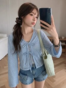 K-Vae 女士休闲优雅提花针织系带袖口喇叭袖上衣，修身针织毛衣衬衫 - 藍色 - 查看 6