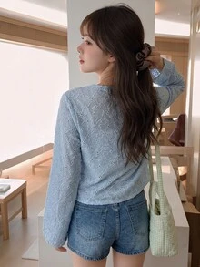 K-Vae 女士休闲优雅提花针织系带袖口喇叭袖上衣，修身针织毛衣衬衫 - 藍色 - 查看 2