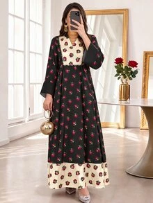 Mulvari 女士花卉植物印花撞色V领长袖优雅阿拉伯风格长款连衣裙，适合春秋季穿着。 - 彩色 - 查看 1