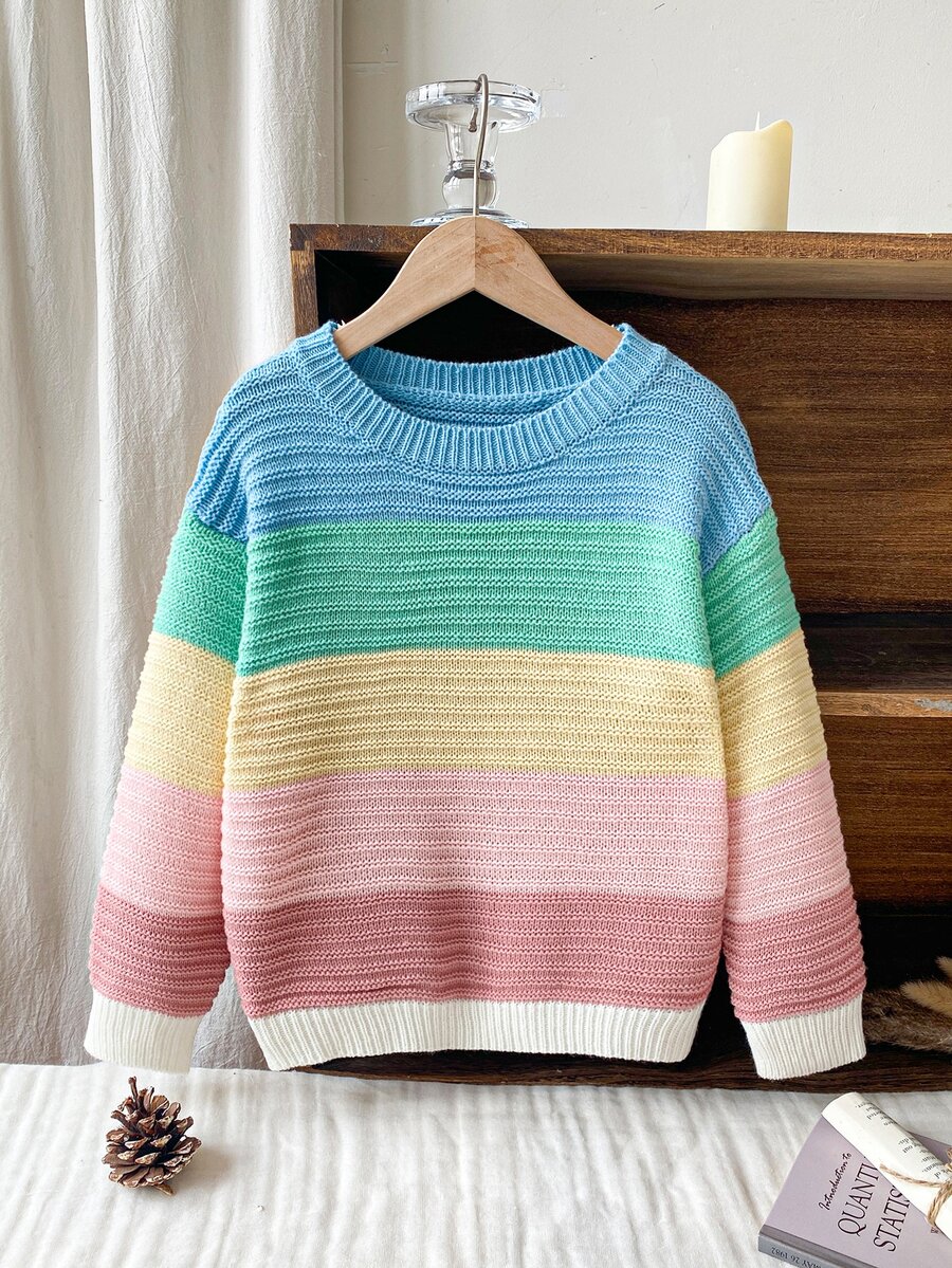 SHEIN 女童藍色條紋針織毛衣,柔軟舒適套頭衫,拼色休閒長袖上衣,適合男孩女孩、大童,秋季母女穿搭 - 彩色 - 查看 1