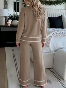 SHEIN LUNE Women's Round Neck Minimalist Long Sleeve Sweater Set, Autumn/Winter Oatmeal Color 2 Pieces Set, Lazy Commute Slim Fit, Versatile Contrast Trim Sweater 2 Pieces Set - Apricot - View 3
