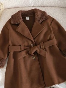 SHEIN Elladie kids 女童加厚羊毛西裝外套，人造毛領設計，優雅腰帶式外衣，適合秋季假期派對 - 咖啡棕 - 查看 7