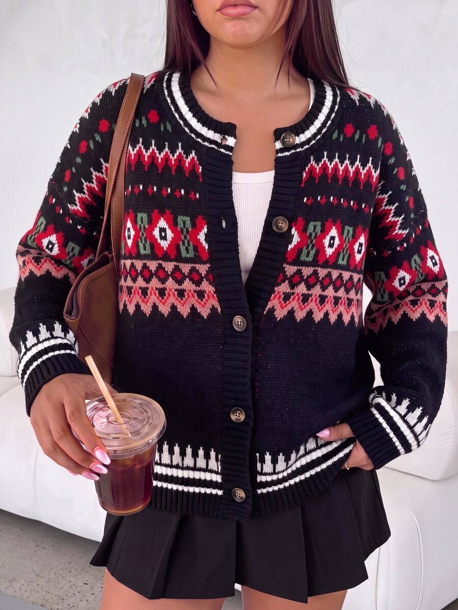 Comfortcana Plus Size Women's Single-Breasted Casual Daily Cardigan Winter - Multicolor - View 1
