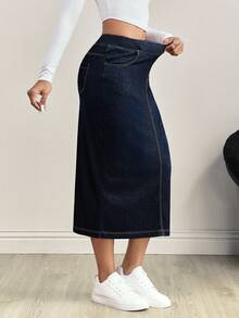 Flexra Plus Size Women's Casual Traditional Decent Normal Navy Blue Denim Skirt With Pockets Date Night Rodeo Autumn Formal Vacation Formal Brunch - Dark Wash - View 5