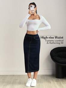 Flexra Plus Size Women's Casual Traditional Decent Normal Navy Blue Denim Skirt With Pockets Date Night Rodeo Autumn Formal Vacation Formal Brunch - Dark Wash - View 6