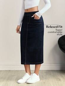 Flexra Plus Size Women's Casual Traditional Decent Normal Navy Blue Denim Skirt With Pockets Date Night Rodeo Autumn Formal Vacation Formal Brunch - Dark Wash - View 4